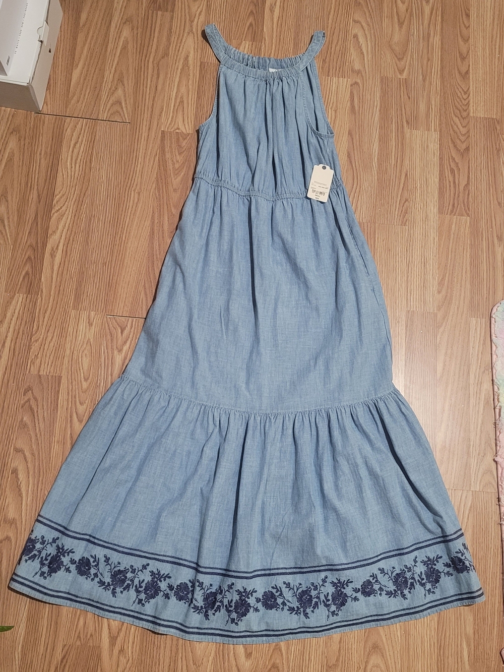St. John's Bay Light Blue Chambray Maxi Dress with Navy Floral Trim And Pockets